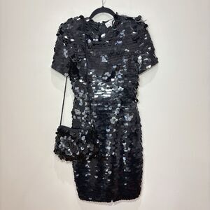 VTG 90s Black Paillette Sequin Party Dress + Bag Set Women 4 Disco Glam Cocktail